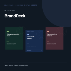 BrandDeck: three editable carousel design examples in green, blue and coral.