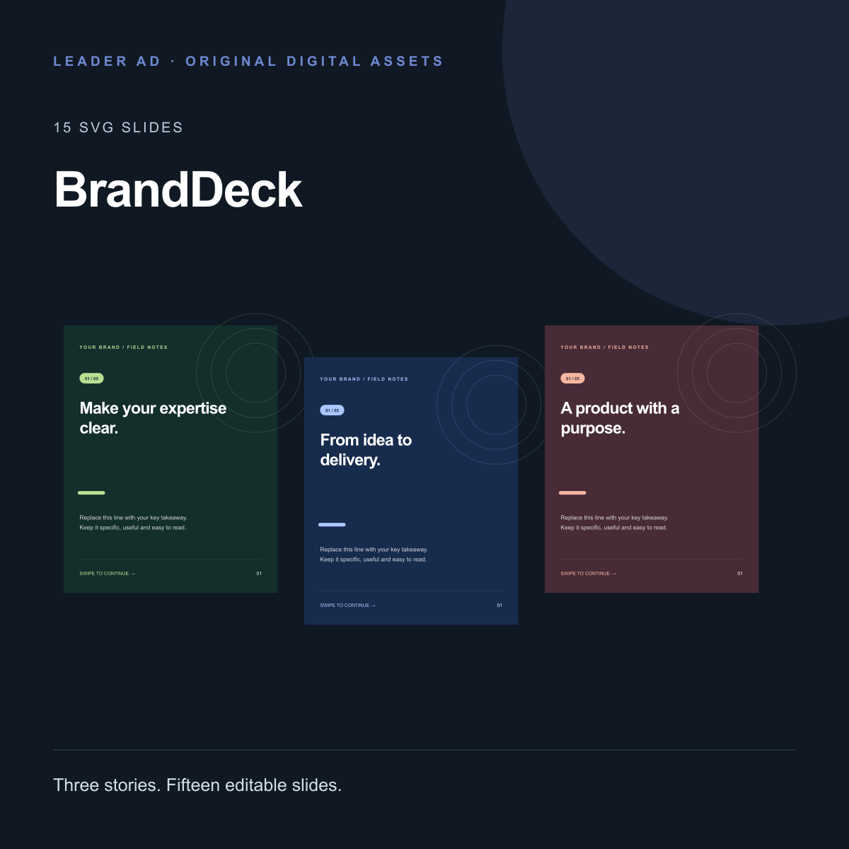 BrandDeck: three editable carousel design examples in green, blue and coral.