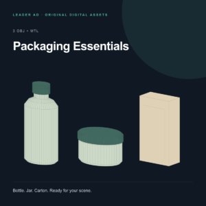 Packaging Essentials: actual bottle, cosmetic jar and carton model geometry included in the pack.