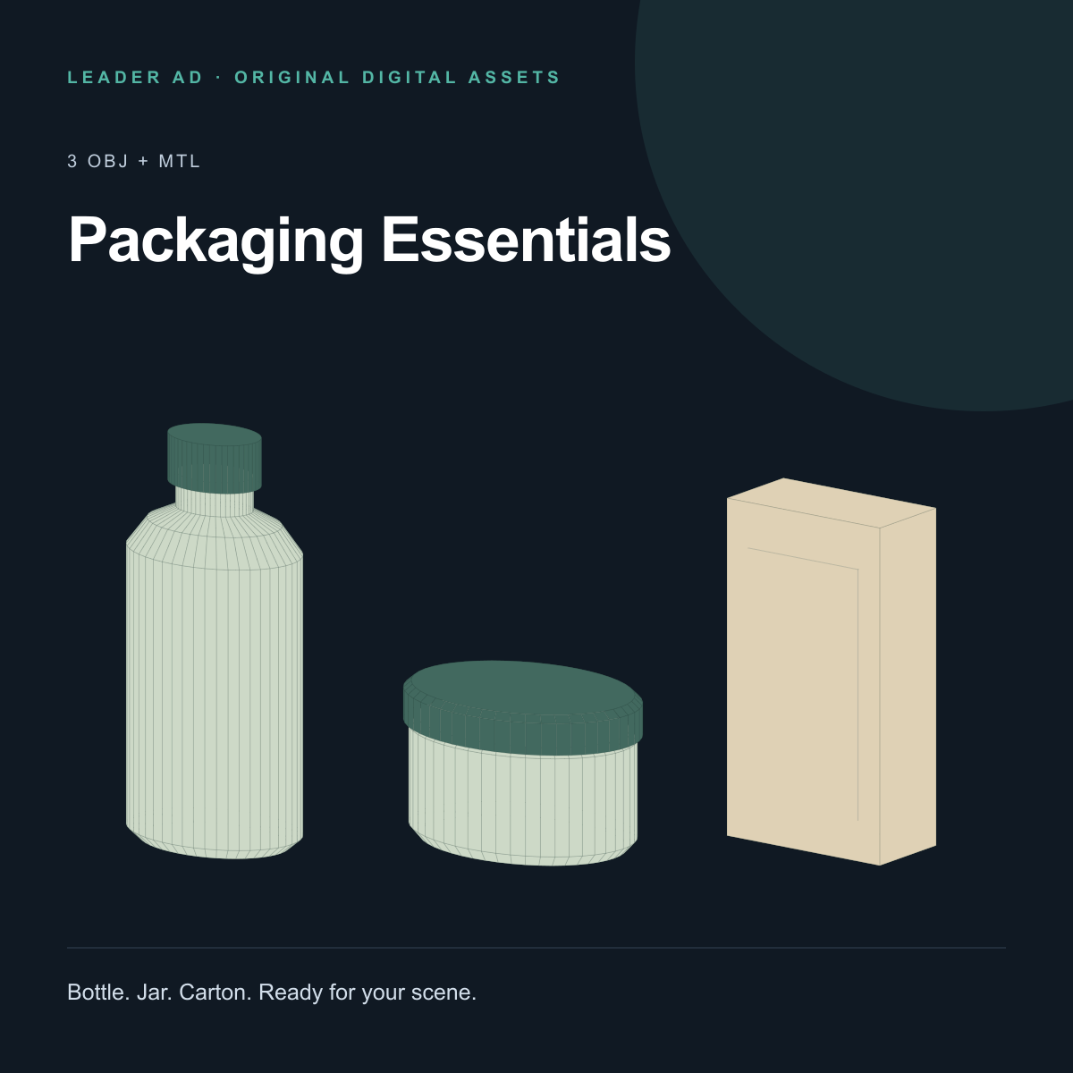 Packaging Essentials: actual bottle, cosmetic jar and carton model geometry included in the pack.